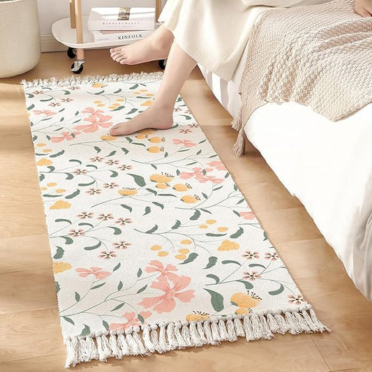 Farmhouse Botanical Printed Hand Woven 100% Cotton Washable Bedside Runner, 2x5 Ft | Living Room, Bedroom Rug