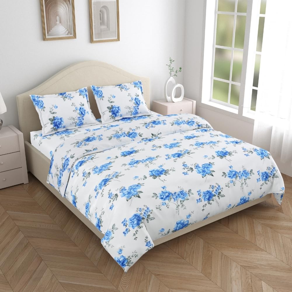 Double Bed Flat Sheet Set - Ultrasoft Cotton Floral Design - Queen Compatible | 2 Pillow Covers