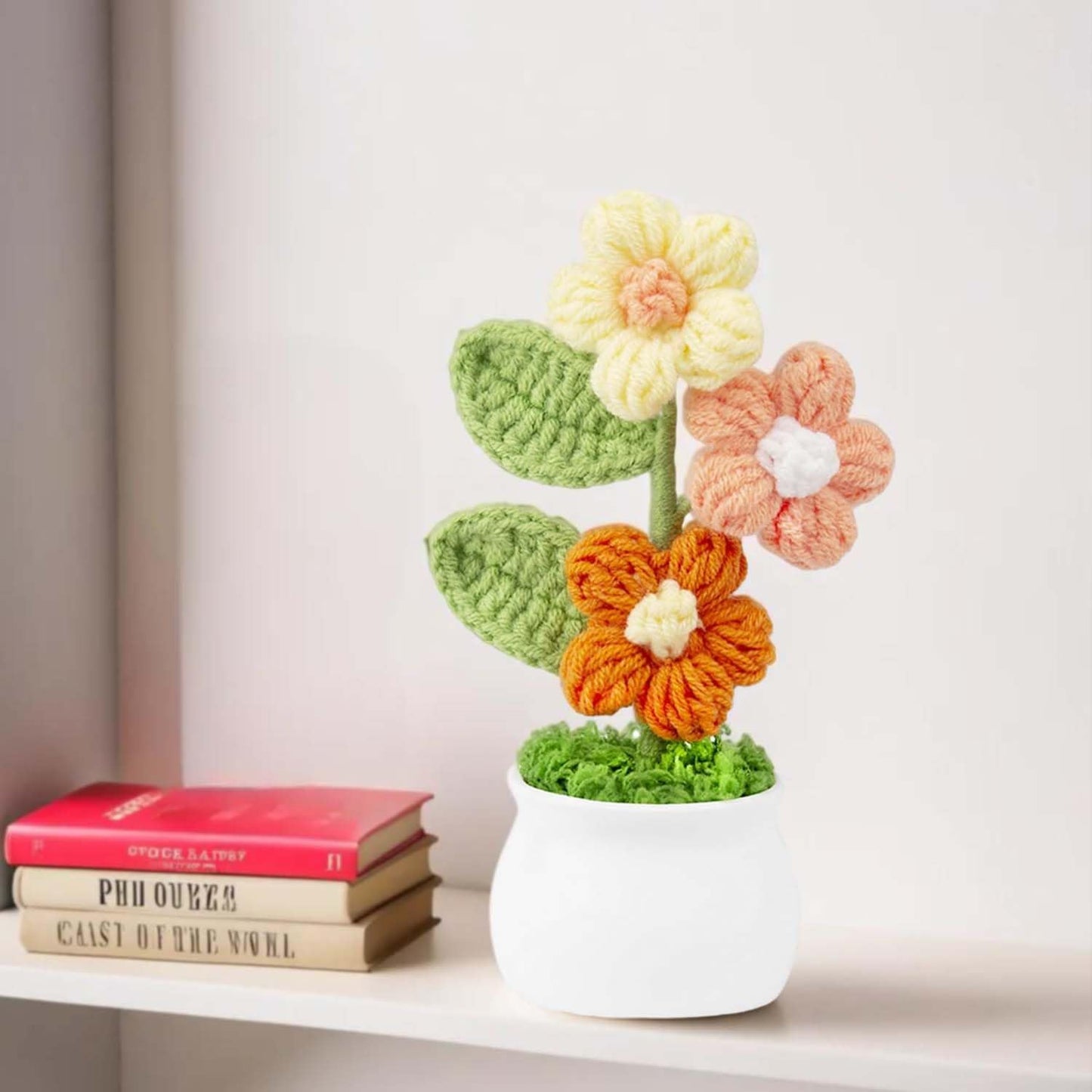 Gehaakte Bloempot Display – Gebreide Tafeldecoratie – Handgemaakt Garen Ambacht – Compacte Eenheid