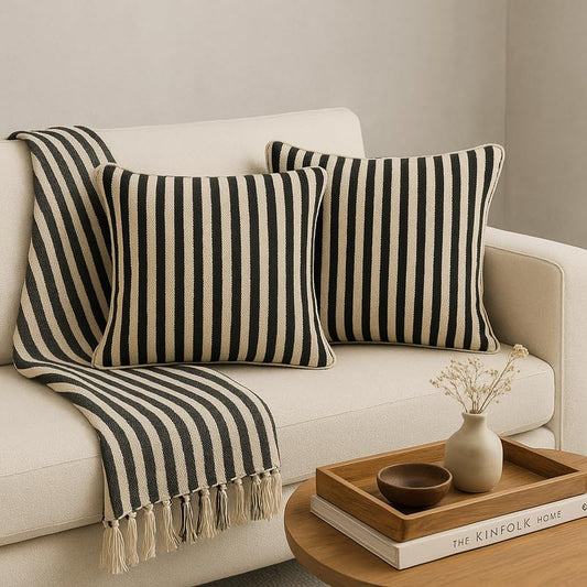 Striped Woven Cotton Cushion Covers –  Hidden Zipper – 16x16 inch