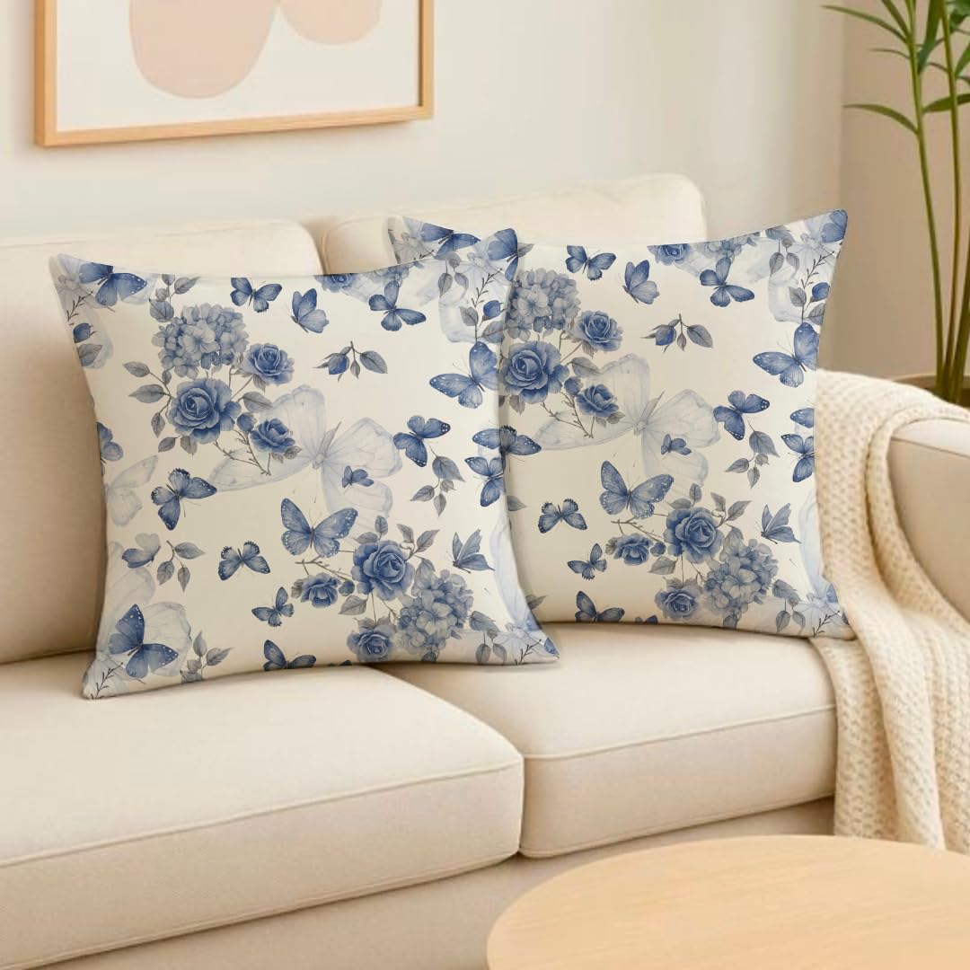 Decorative Butterfly Print Soft 180 GSM Cushion Covers 16x16 Inch Set of 2 | Sofa Bed Chair Home Decor Gift, Hand Block Printed