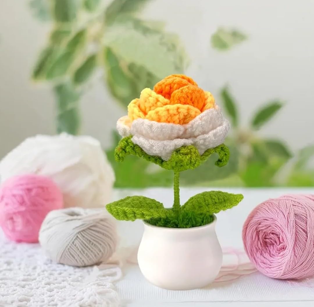 Potted Knitted Floral Sculpture – Decorative Accent – Woolen Yarn – Single Unit