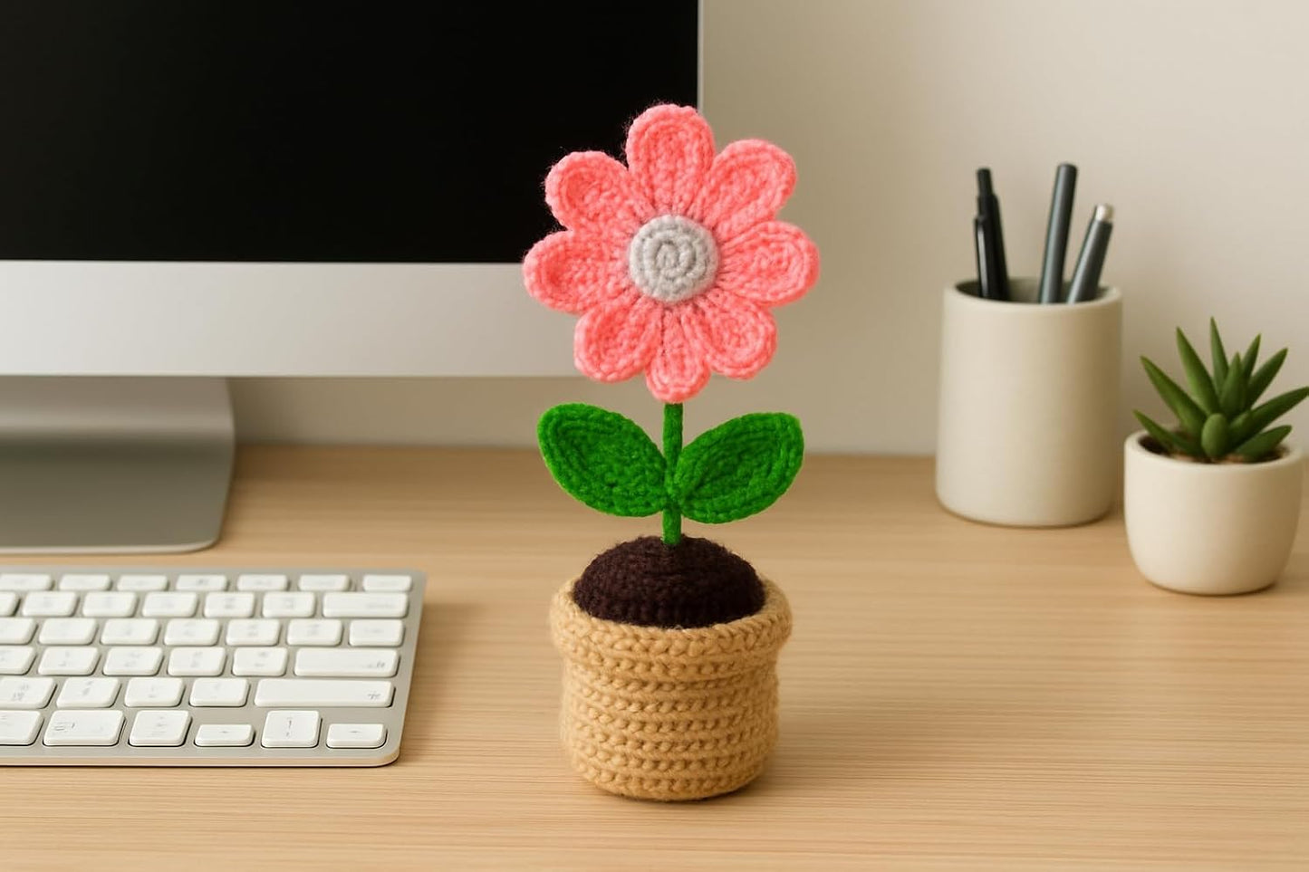 Crochet Daisy Pot – Artificial Plant Decor – Handmade Acrylic Knit – 18cm Tall