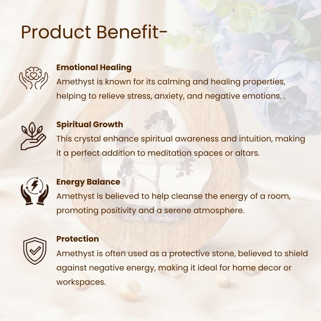 Spiritual Amethyst Crystal Tree in Wooden Ring for Chakra Healing & Feng Shui | Gemstone Bonsai Showpiece 17cm