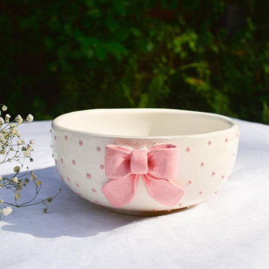 Ceramic Breakfast Bowl – Pink Bow Design – Handcrafted Pottery – 450 ml