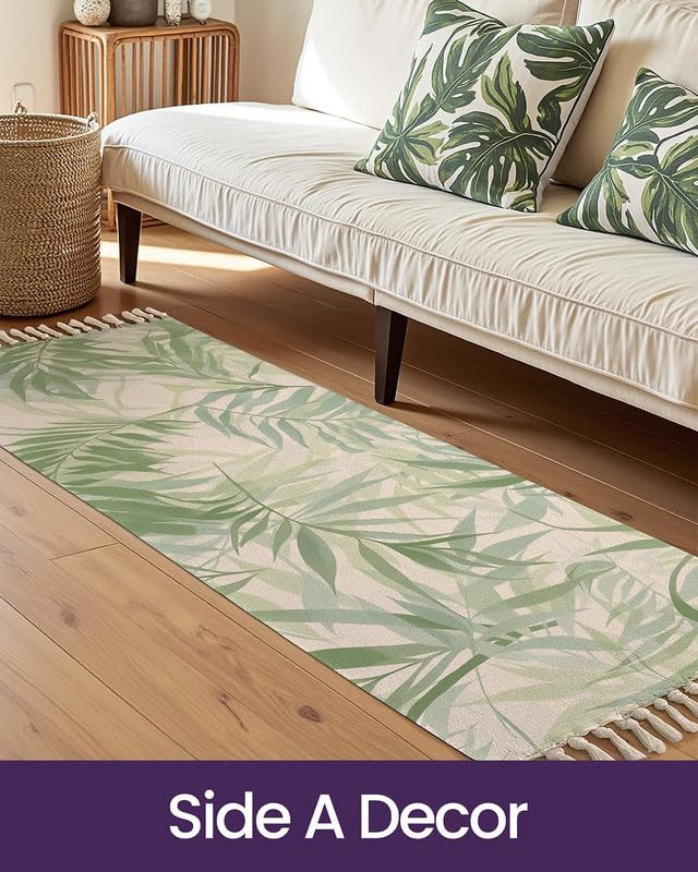 Hand Woven Printed 100% Cotton Washable Bedside Runner 2x5 ft | Green Palm Leaf Rug for Living Room, Bedroom, Kitchen