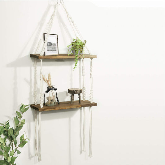 2 Tiered Wall Shelves – Torched Wood & Woven Rope