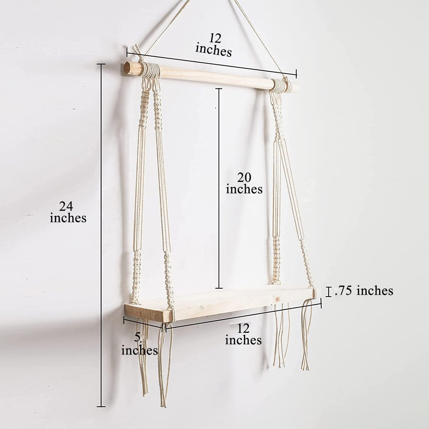 Macrame Wall Shelf – Decorative Cotton Rope & Wood – 12x5x24CM