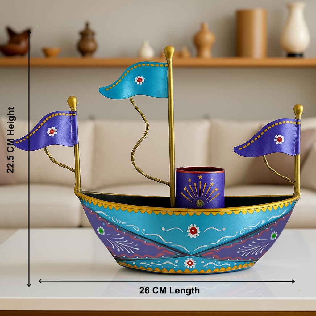 Handpainted Turkish Metal Ship Boat Naav Showpiece 26cm | Tabletop Home Decor, Office Desk Organiser, Gifts