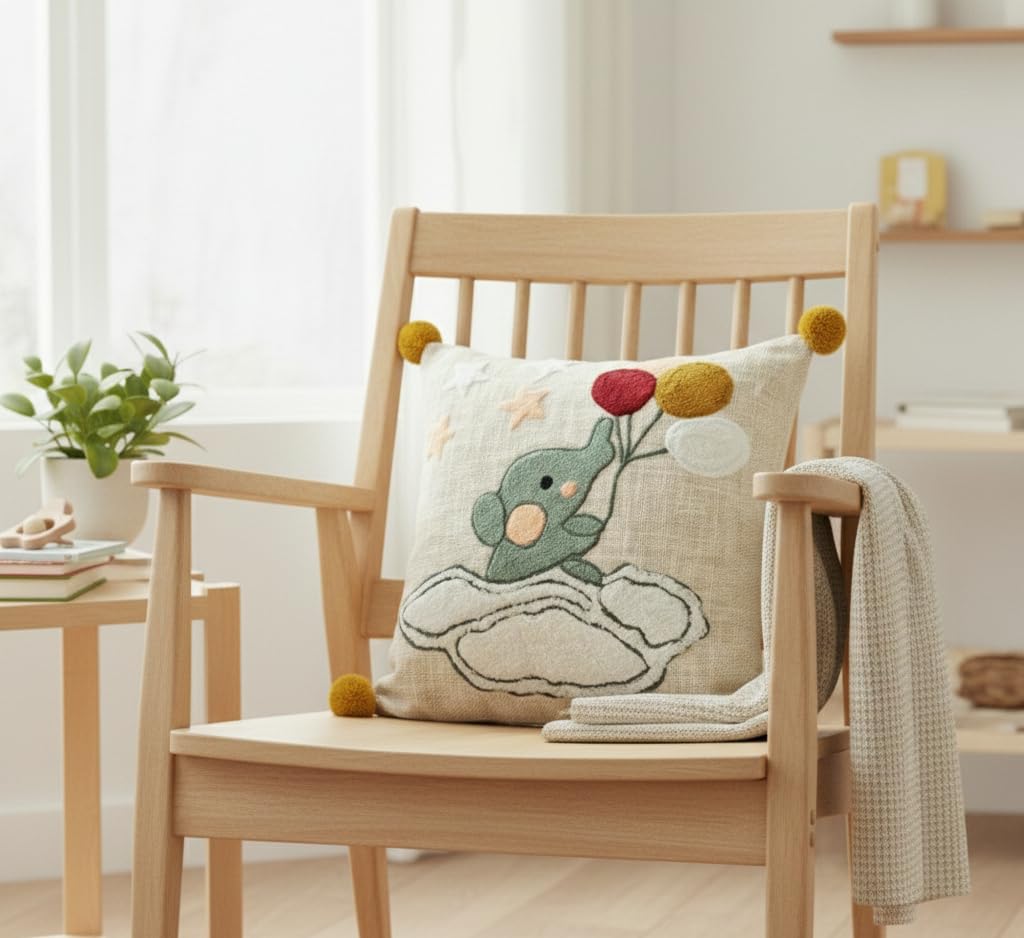 Embroidered Boho Elephant Cushion Cover – Tufted Punch Needle – Durable Fabric – 16x16 in (Single)