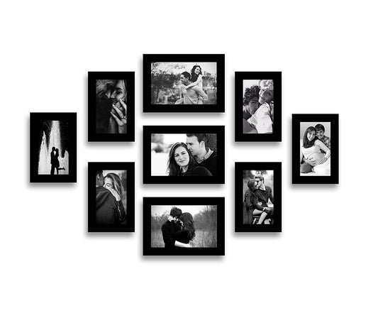 Rectangular Wood MDF Photo Frame Set – Wall Mount Display – Glass Front, Versatile Orientation – 9-Piece Assorted