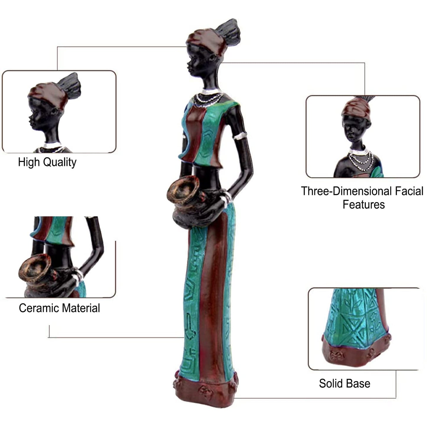 Uniquely Hand Crafted African Tribal Resin Lady Figures Home Decor (Set of 3) | Green & Black Art Statues Shelf Decor Gift