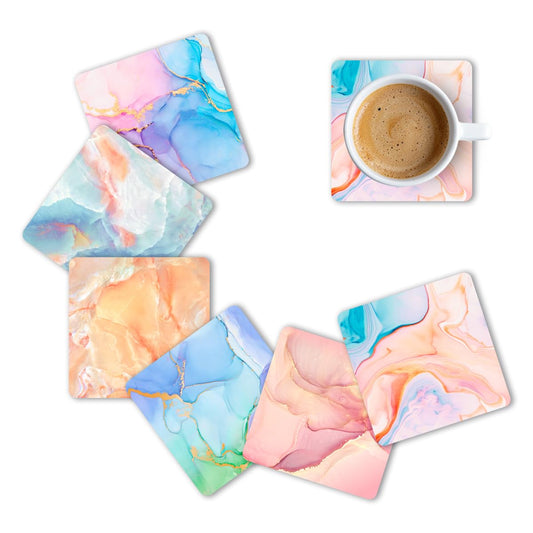Premium Designer Printed Marble Wooden Coasters Set of 6 (3.5") | Tea Cups, Coffee Mugs, Glasses, Home Decor, Table Protection