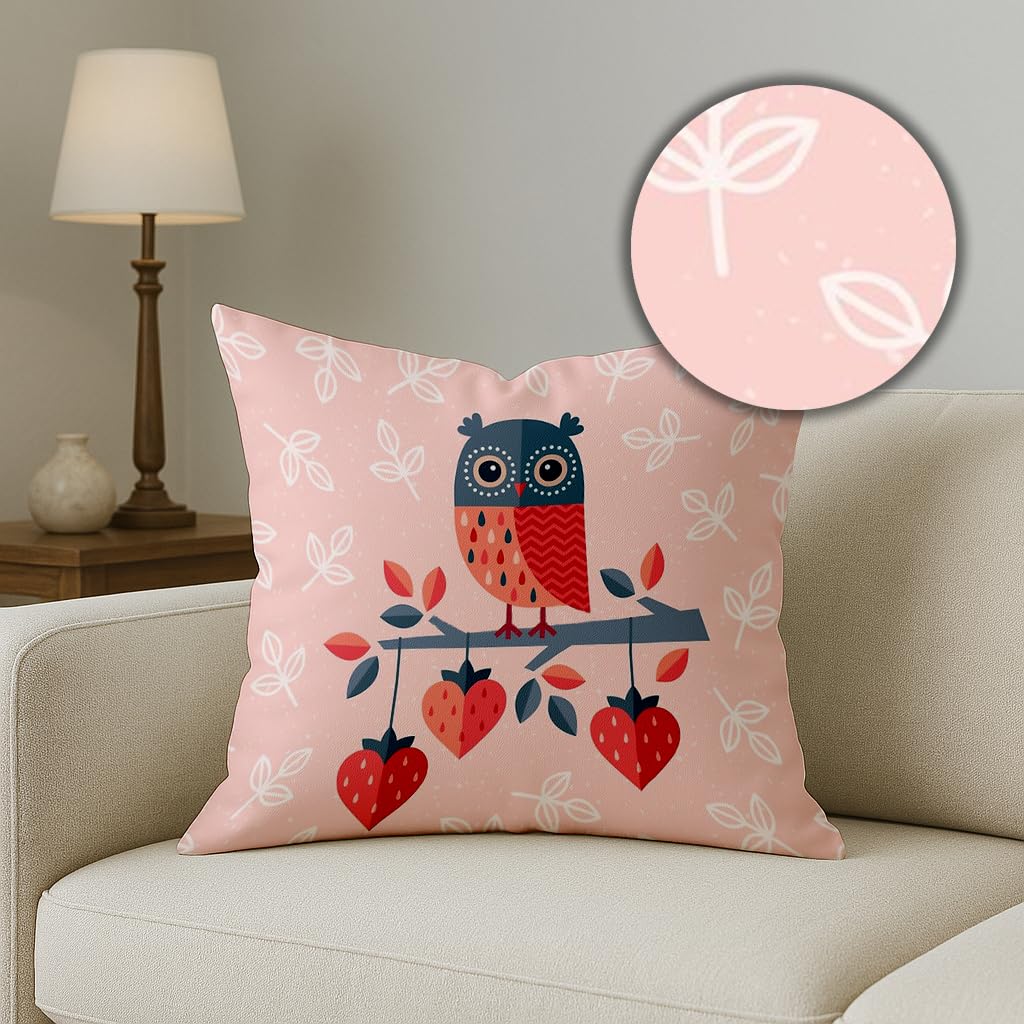 Set of 2 Polycotton Cushion Covers 18x18 – Cute Owl & Heart Print Pink Teal | Kids Room Sofa Pillow Decor