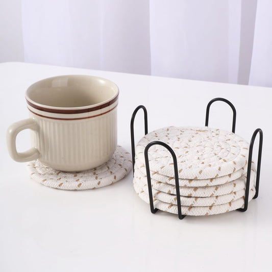 Minimalist Woven Cotton Absorbent Coasters with Holder, Set of 6 (4inch) | Tabletop Drink Coasters, Housewarming Gift