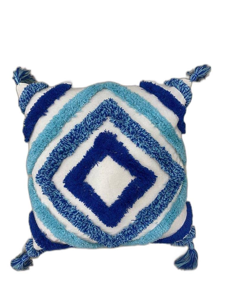 Tufted Geometric Dark Blue Pom Pom Throw Cushion Cover, 16x16 Inch, 1 Piece | Boho Accent Pillow, Sofa Decor