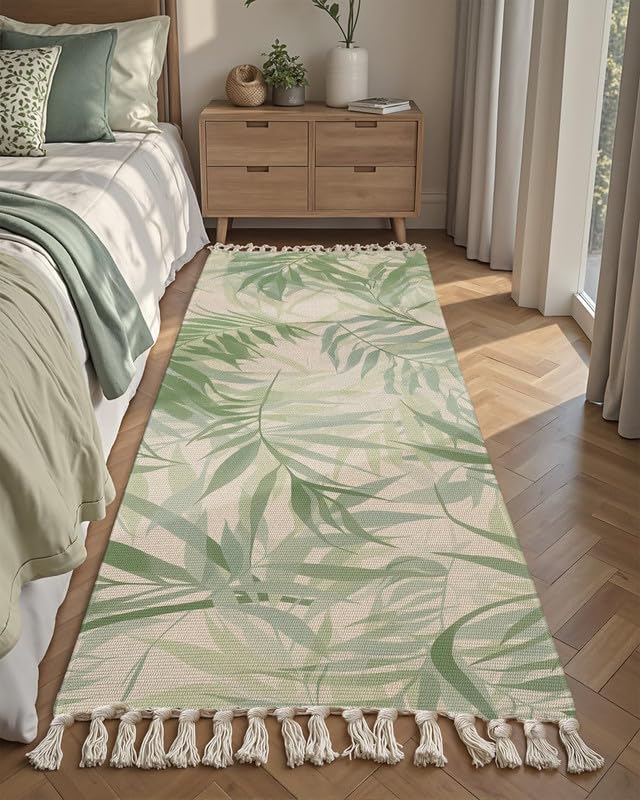 Hand Woven Printed 100% Cotton Washable Bedside Runner 2x5 ft | Green Palm Leaf Rug for Living Room, Bedroom, Kitchen