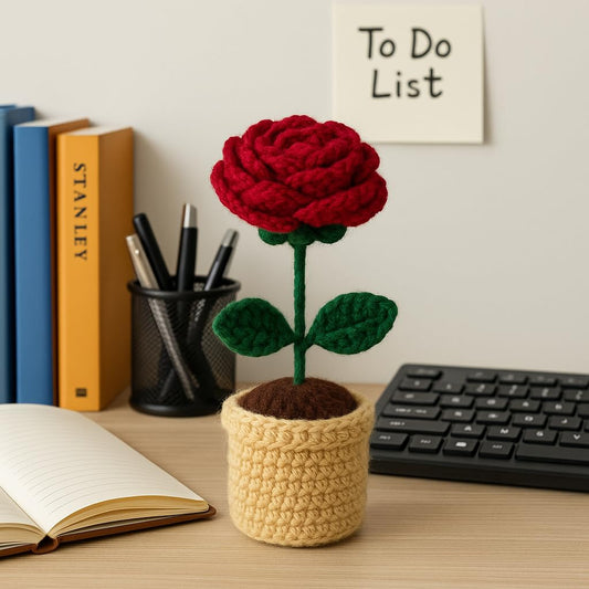 Handcrafted Crocheted Rose – Desk Plant – Durable Wool Yarn – Compact, Zero-Maintenance