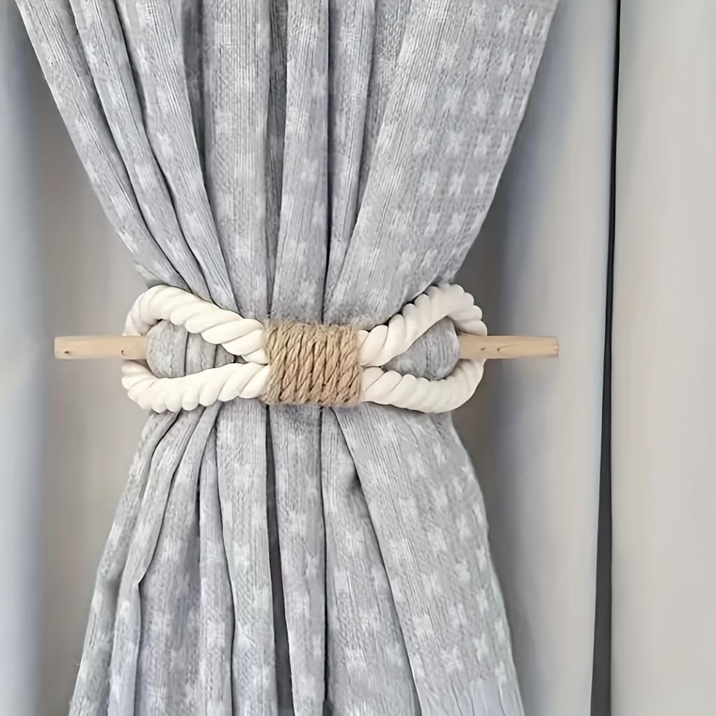 Curtain Holdbacks – Tie-Top Design – Solid Wood, Off-White – Pair (2pc)