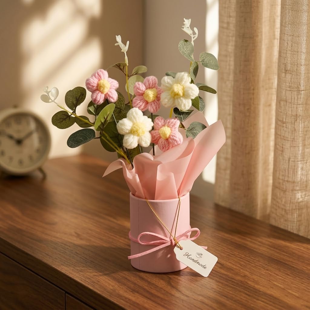 Everlasting Floral Arrangement – Handmade Crochet – Pink Vase – Single Display Unit