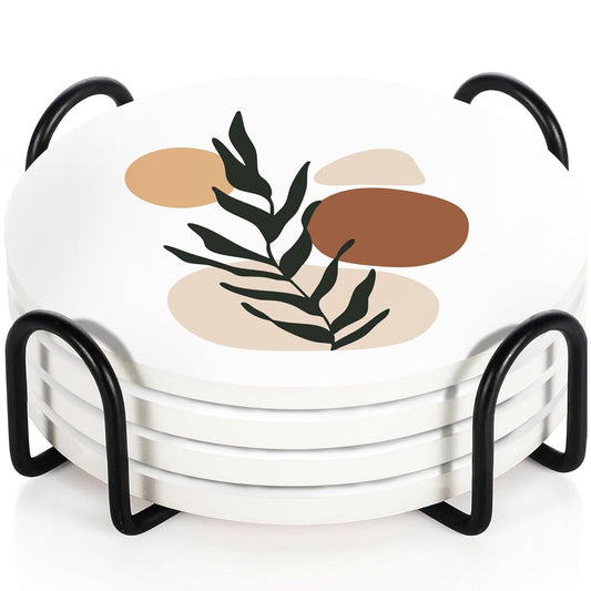 Marble Ceramic Coasters Matt Finish & Cork Base | Set of 6 with Metal Holder for Drinks, Coffee, Tea, Housewarming Gifts