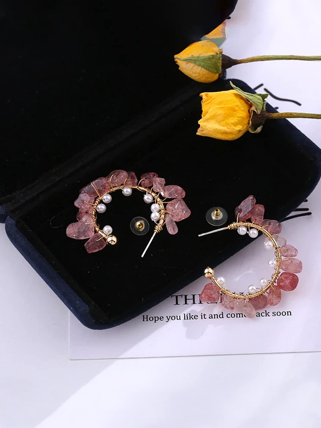 Stone Studded Hoop Earrings – Clip-On Earrings – Gold Tone Pink & White Stones – Pair