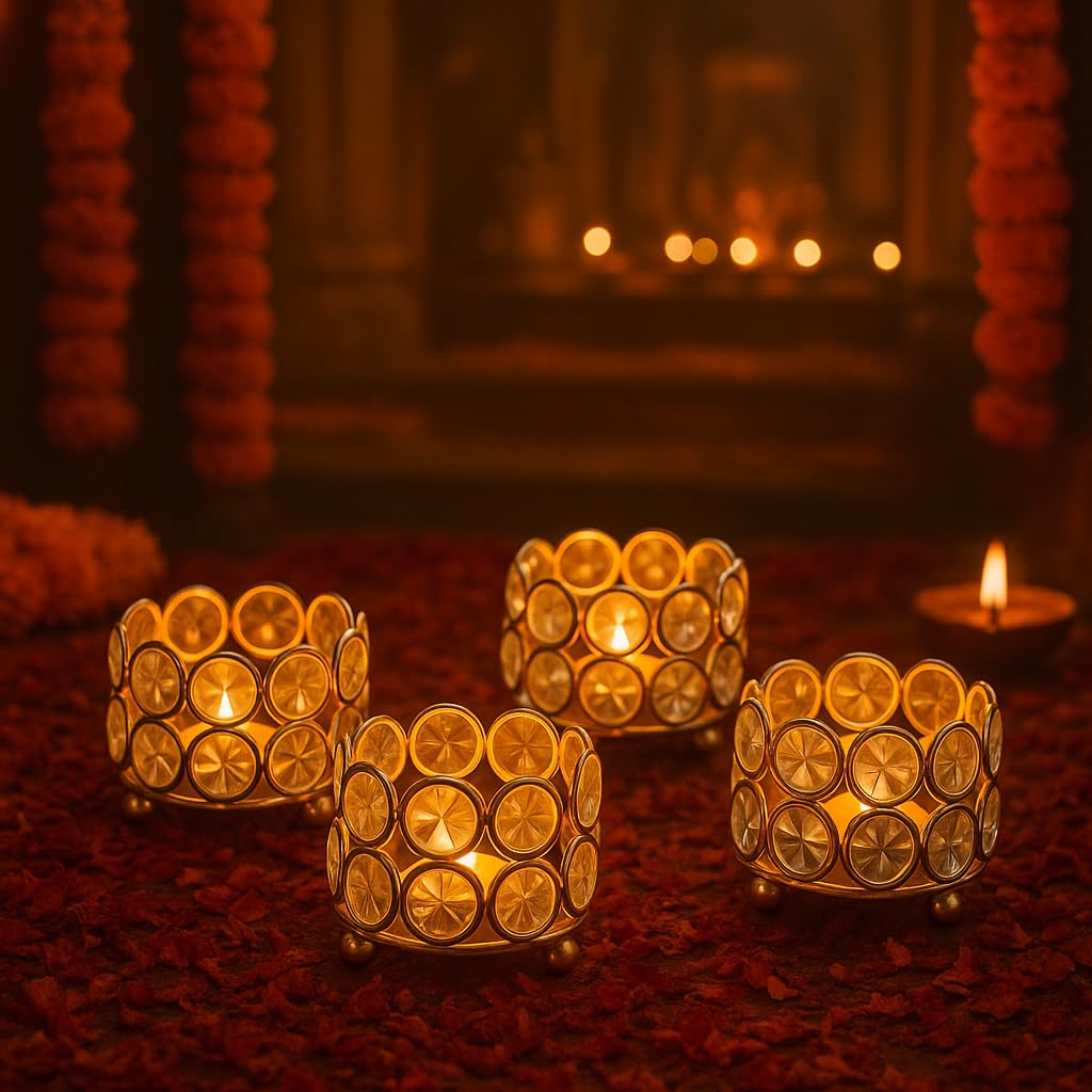 Elegant Crystal Gold Tealight Candle Holder, Sparkling K9 Diya Votives (Pack of 4) | Home Decor, Diwali, Wedding, Christmas Gift