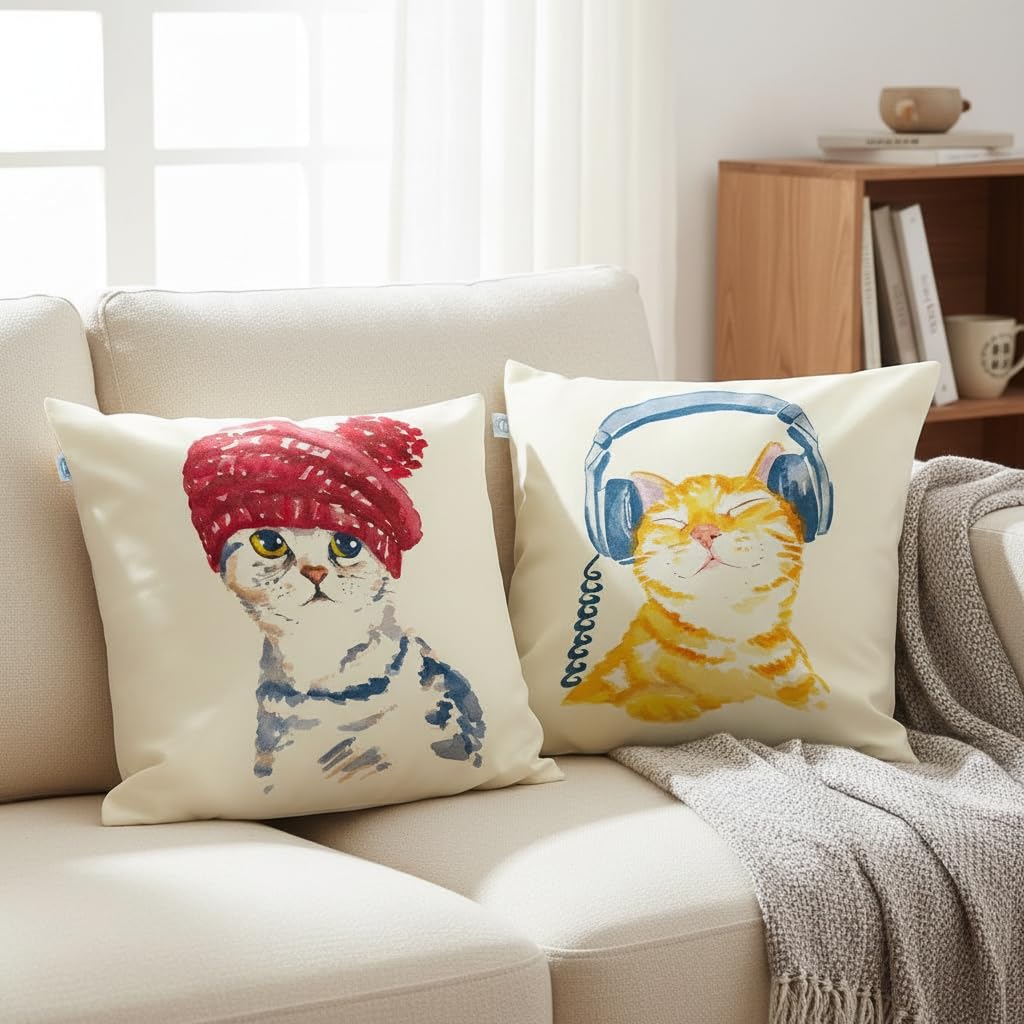 Decorative Jute Cushion Covers – Cat Print Pillow Cases – Indoor and Outdoor Decor – 16x16 Inch Set of 2