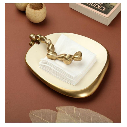 Handcrafted Metal Tissue Box Cover – Ivory Enamel Gold Finish – 24x20x5cm