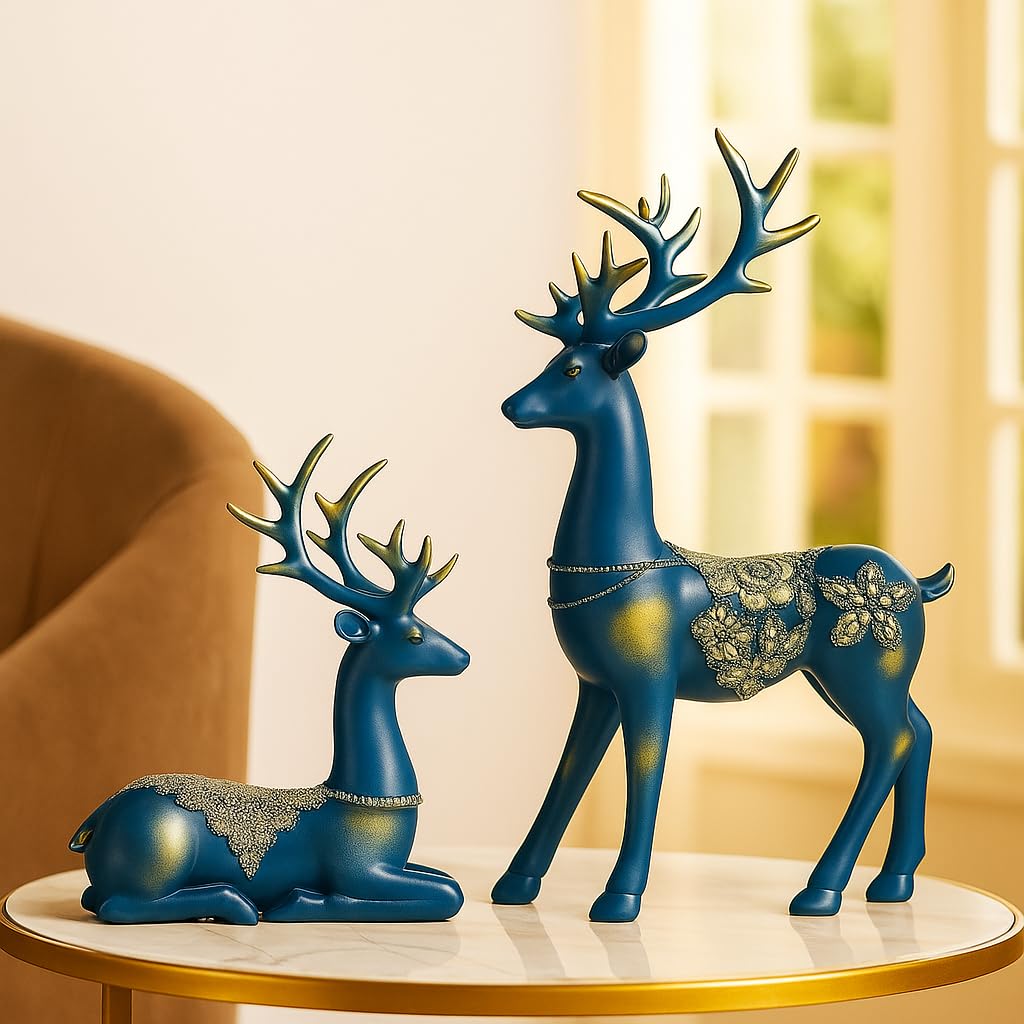 Creative Golden Resin Handcrafted Lifelike Reindeer Sculptures Figurines (Pack of 2, Blue) | Home Office Decor Gift