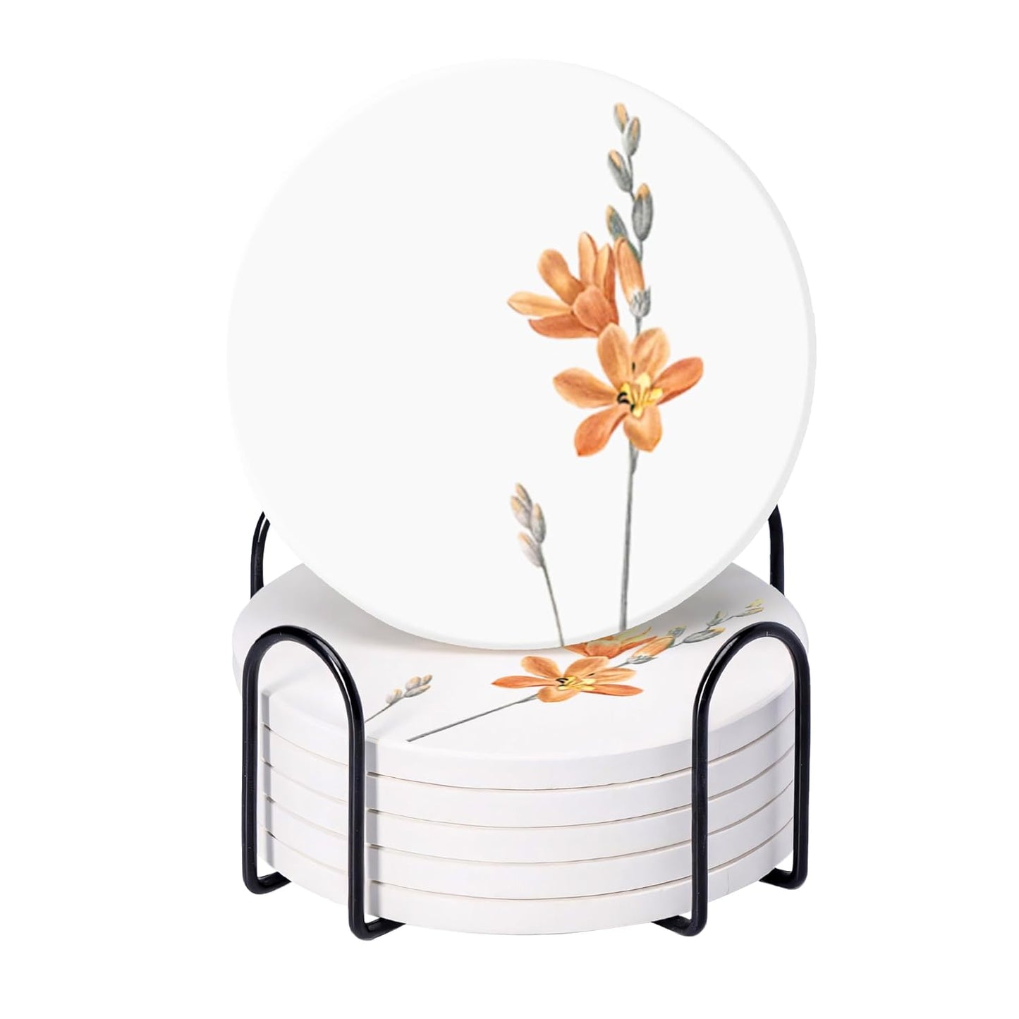Floral White Water-Resistant Coaster Set 6-Pack (10cm Dia) | Dining Table Accessories, Home Decor, Gifts for Women