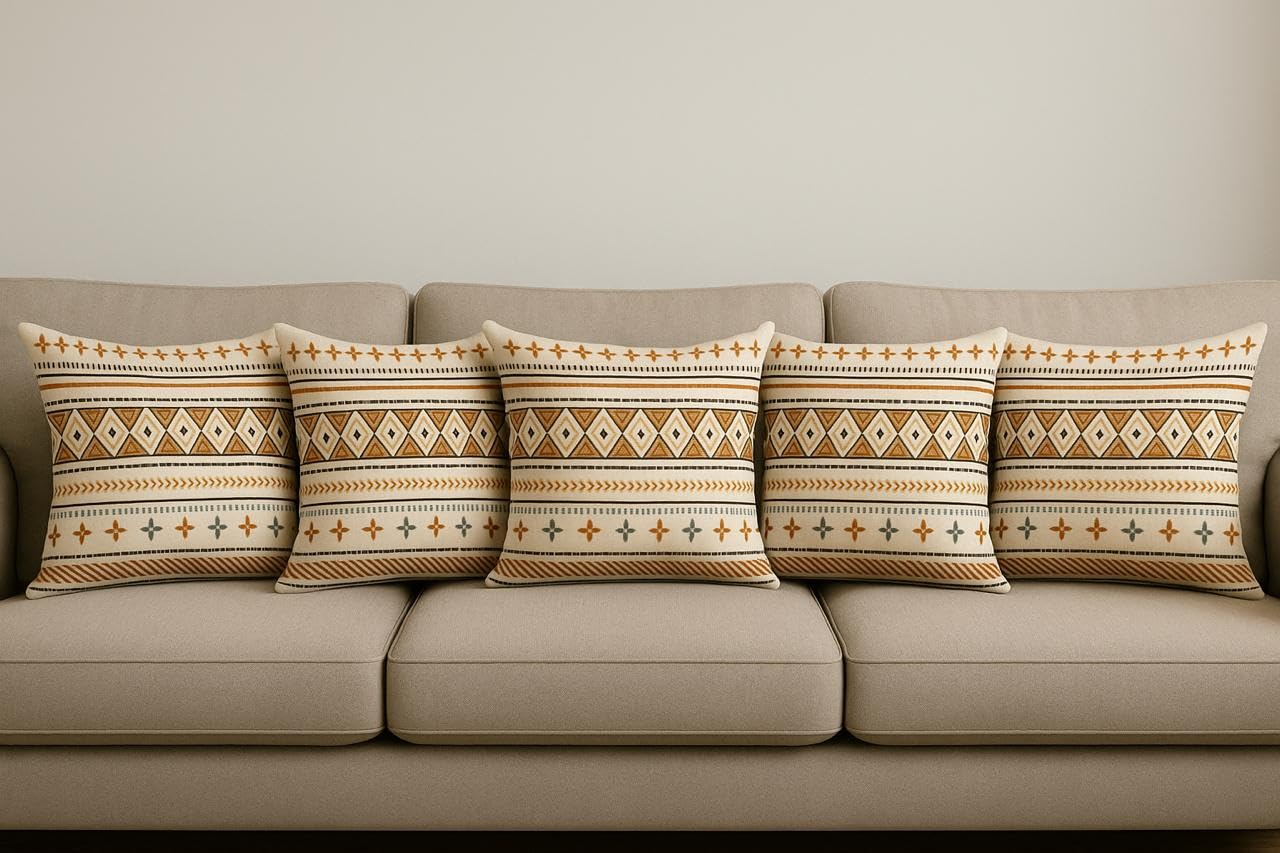 Beige Boho Print Cushion Cover - Natural Cotton