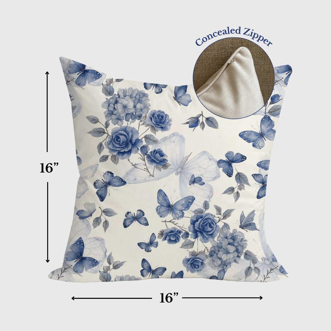 Decorative Butterfly Print Soft 180 GSM Cushion Covers 16x16 Inch Set of 2 | Sofa Bed Chair Home Decor Gift, Hand Block Printed
