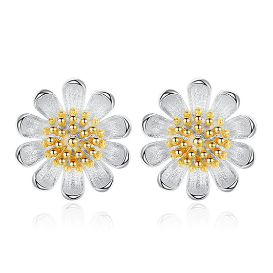 Flower Stud Earrings – 925 Sterling Silver – White Finish