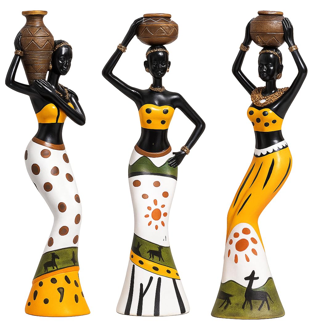African Tribal Hand Crafted Resin Women Figurines Set of 3 Multicolour | Home Decor Art Piece Handicraft Gift