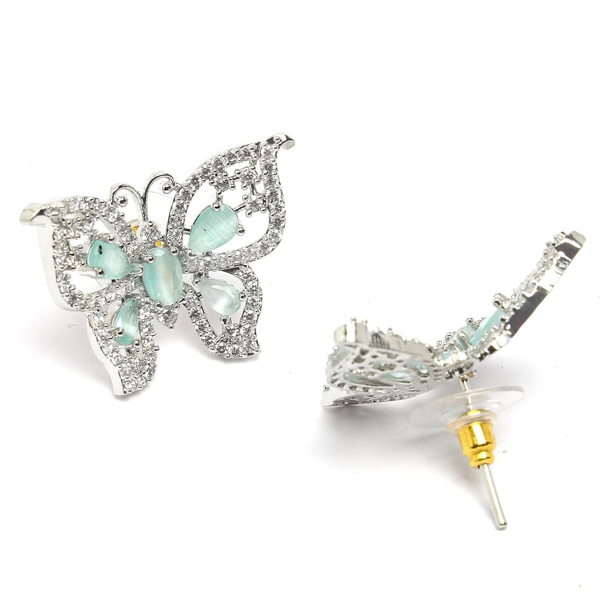 Butterfly Design American Diamond Earrings – Women's Fashion Jewellery – Silver Plated – Lime Green Accent