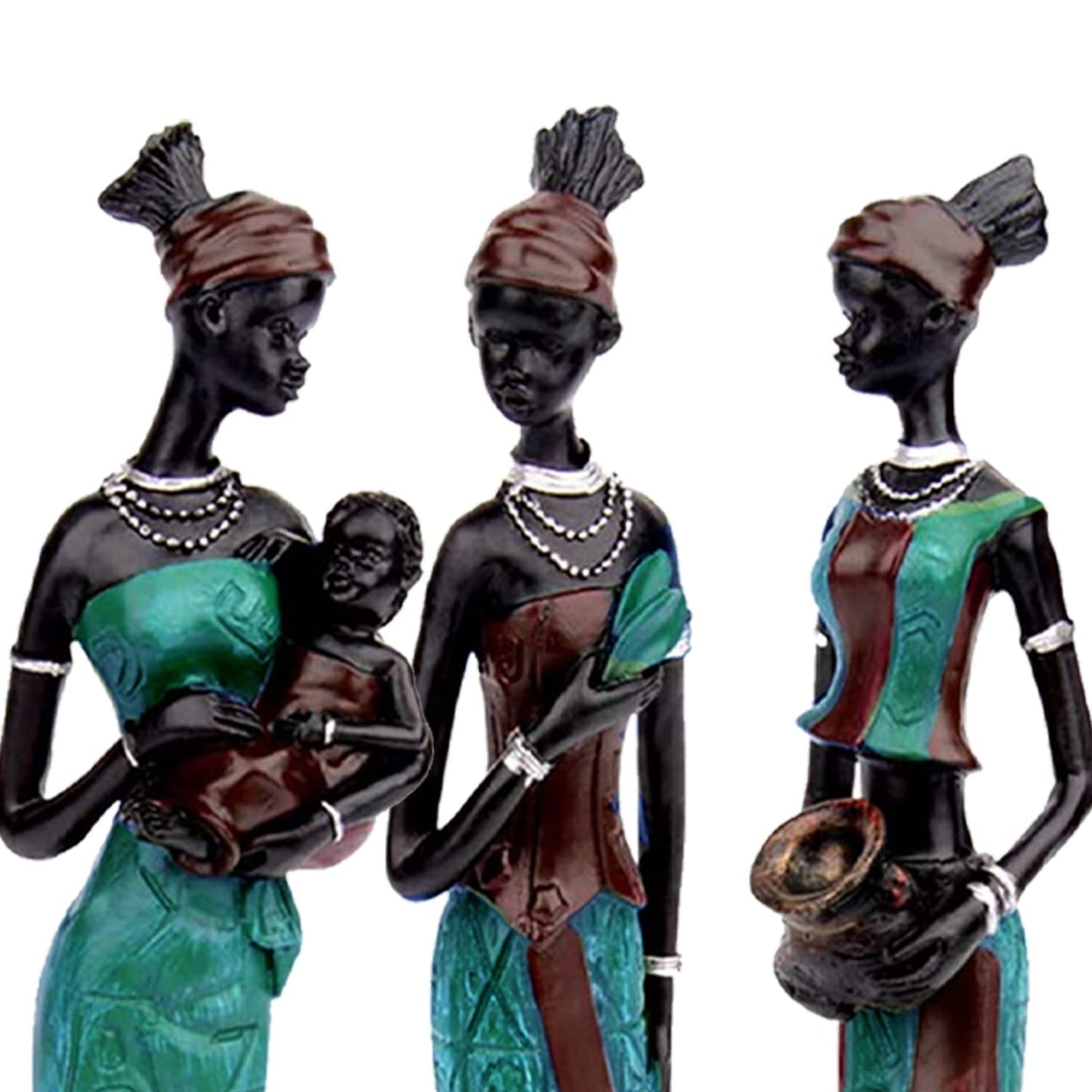 Uniquely Hand Crafted African Tribal Resin Lady Figures Home Decor (Set of 3) | Green & Black Art Statues Shelf Decor Gift