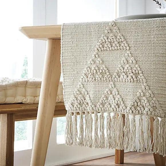 Handcrafted Natural Cotton Table Runner – Tassel Trim Table Linen – Off-White Geometric – 14x72 Inch, Single Unit