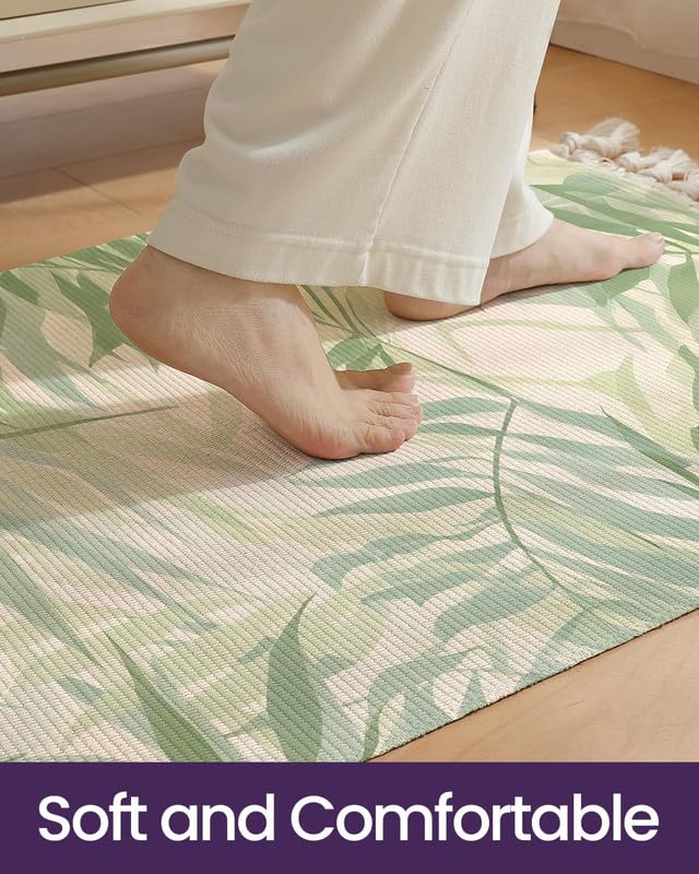 Hand Woven Printed 100% Cotton Washable Bedside Runner 2x5 ft | Green Palm Leaf Rug for Living Room, Bedroom, Kitchen