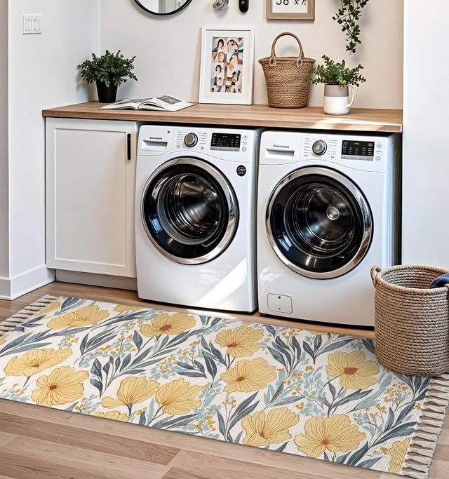 Hand Woven Modern Printed 100% Cotton Washable Bedside Runner Rug 2x5 Feet | Living Room Carpet, Bedroom Floor Decor