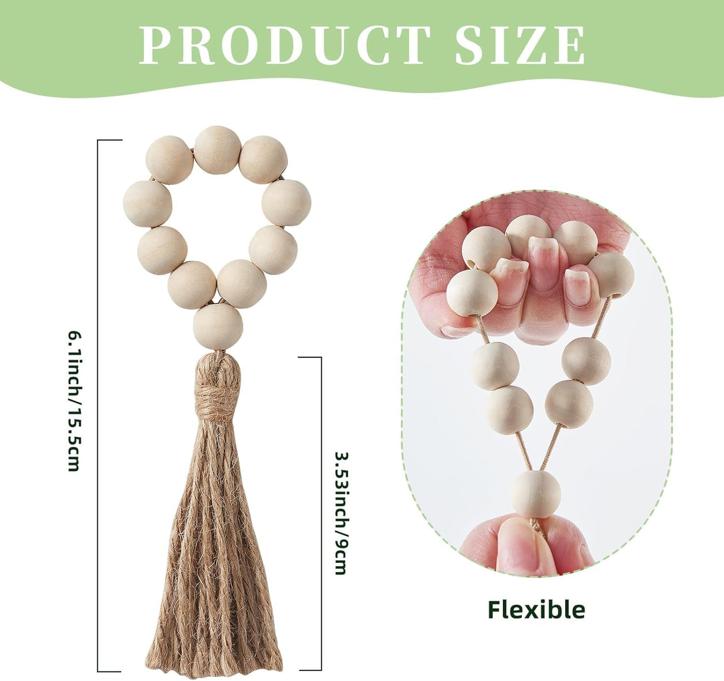 Ronds de serviette en perles de bois – Accessoires de table – Bois naturel, pompon, élastique – Lot de 6
