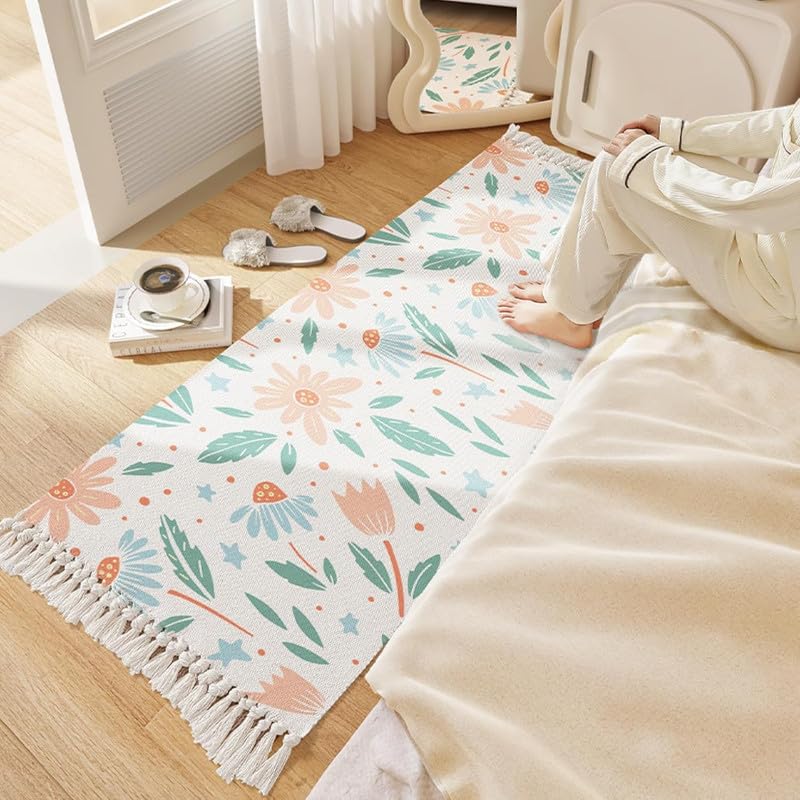 Hand Woven Floral Printed 100% Cotton Washable Bedside Runner 2x5 Ft | Living Room Bedroom Kitchen Carpet Rug Mat