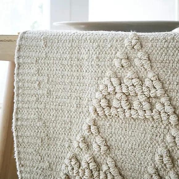 Handcrafted Natural Cotton Table Runner – Tassel Trim Table Linen – Off-White Geometric – 14x72 Inch, Single Unit