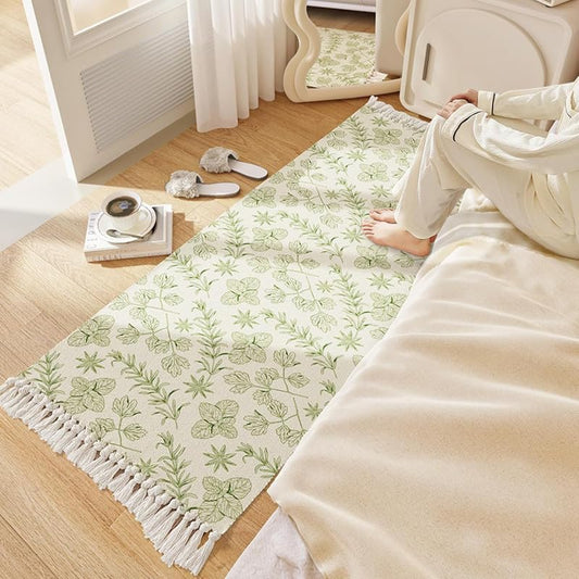 Hand Woven 100% Cotton Washable Printed Bedside Runner Rug 2x5 Feet | Living Room, Bedroom, Kitchen Carpet, Green Grass