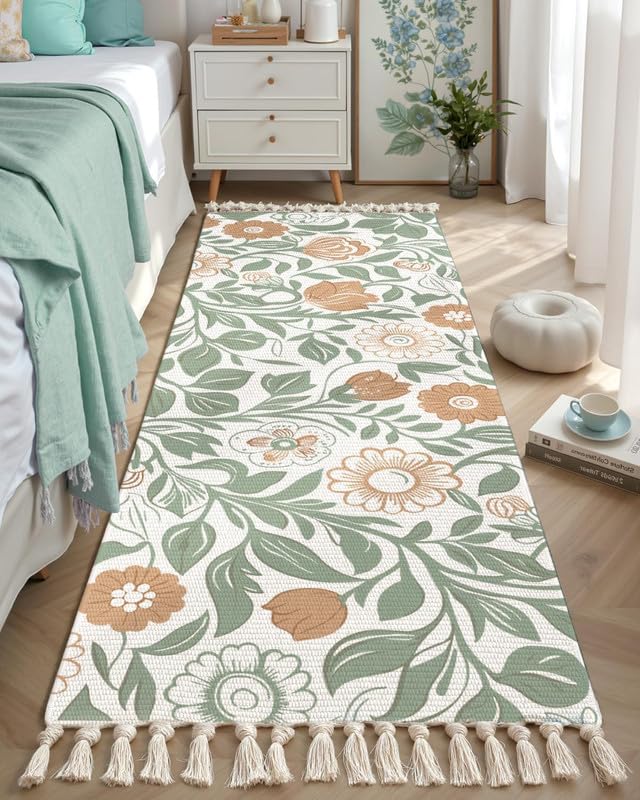 Hand Woven Printed 100% Cotton Washable Bedside Runner Carpet 2x5 Feet | Green Floral Rug for Living Room, Bedroom, Kitchen