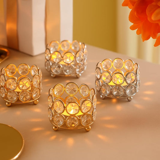 Elegant Crystal Gold Tealight Candle Holder, Sparkling K9 Diya Votives (Pack of 4) | Home Decor, Diwali, Wedding, Christmas Gift