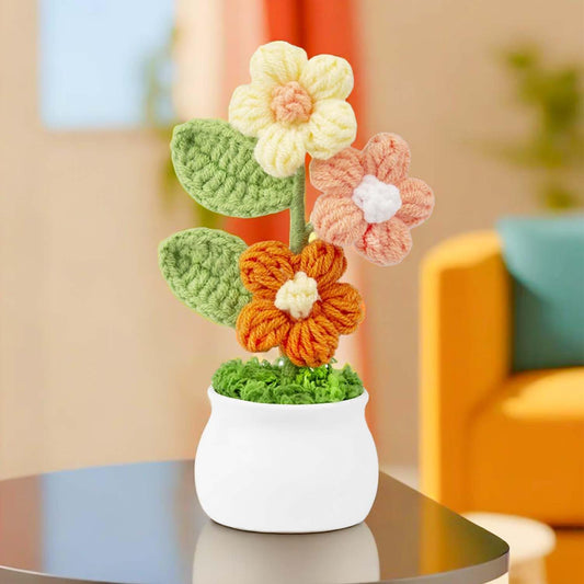 Crochet Floral Pot Display – Knitted Tabletop Decor – Handmade Yarn Craft – Compact Unit