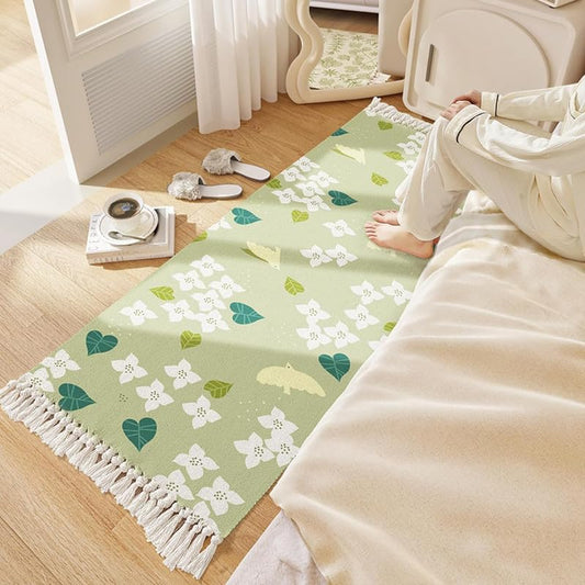 Hand Woven 100% Cotton Washable Printed Bedside Runner 2x5 Feet | Living Room Bedroom Kitchen Office Rug