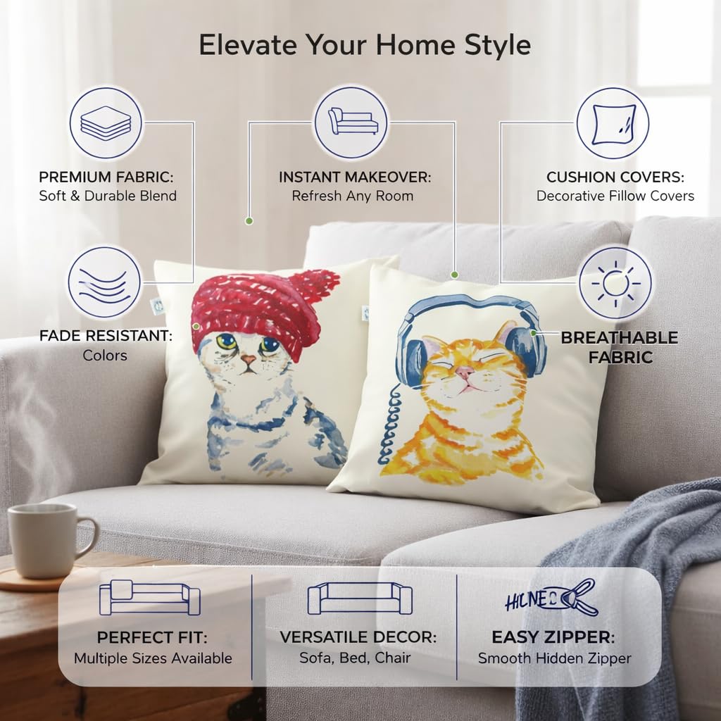 Decorative Jute Cushion Covers – Cat Print Pillow Cases – Indoor and Outdoor Decor – 16x16 Inch Set of 2