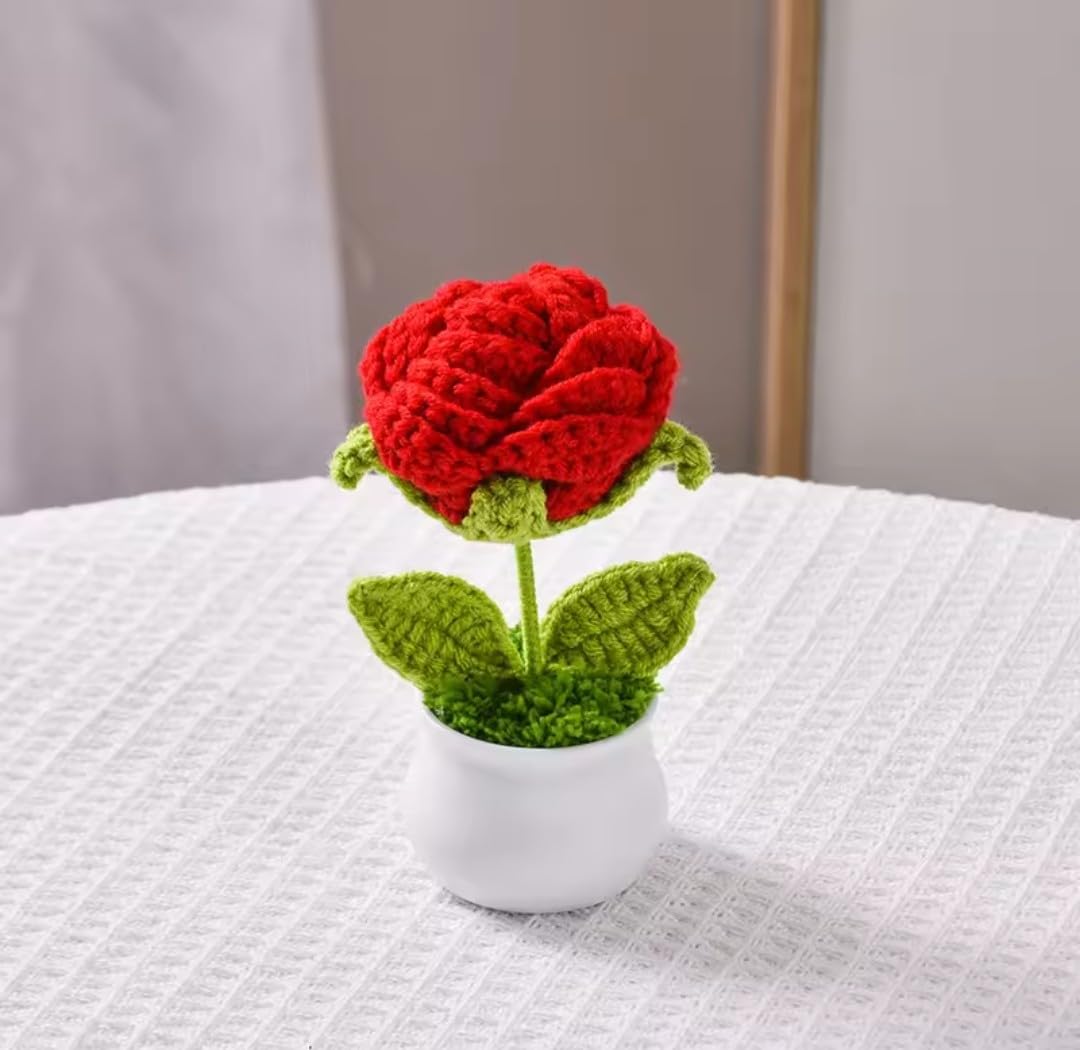 Gehaakte Rozenplant in Pot – Bureau- & Plankdecoratie – Handgemaakt Textiel – Enkel Stuk